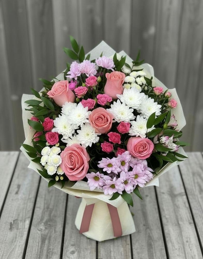 Букет цветов из: Альстромерии, Гвоздики, Розы и Хризантемы в Вахонино