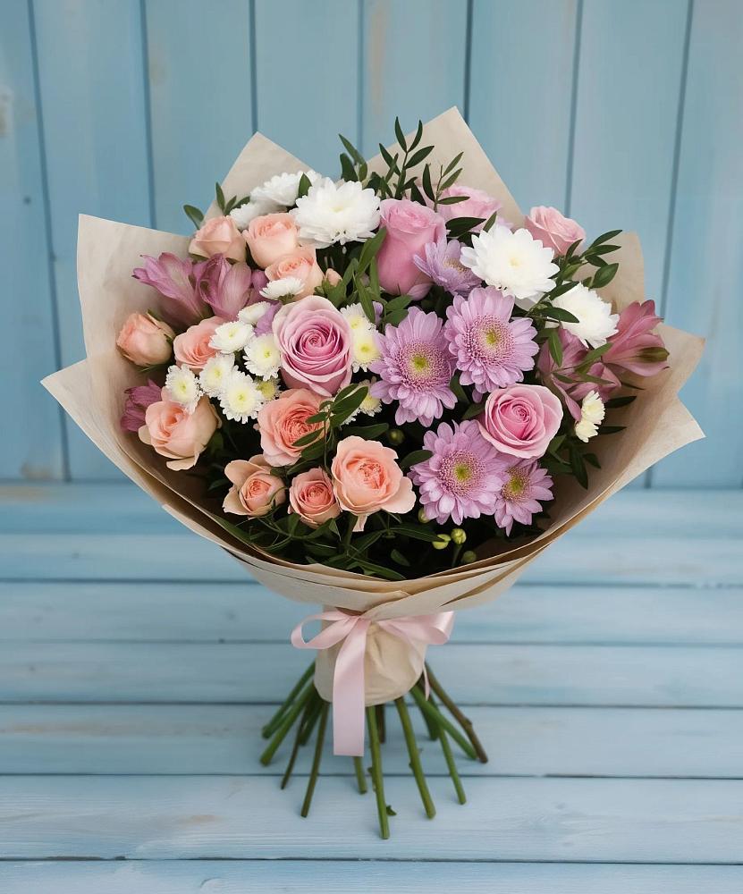 Букет цветов из: Хризантемы, Розы и Альстромерии в Вахонино