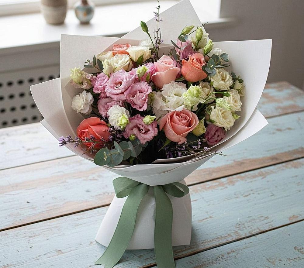 Букет цветов из: Розы, Лизиантусы и Гвоздики в Вахонино