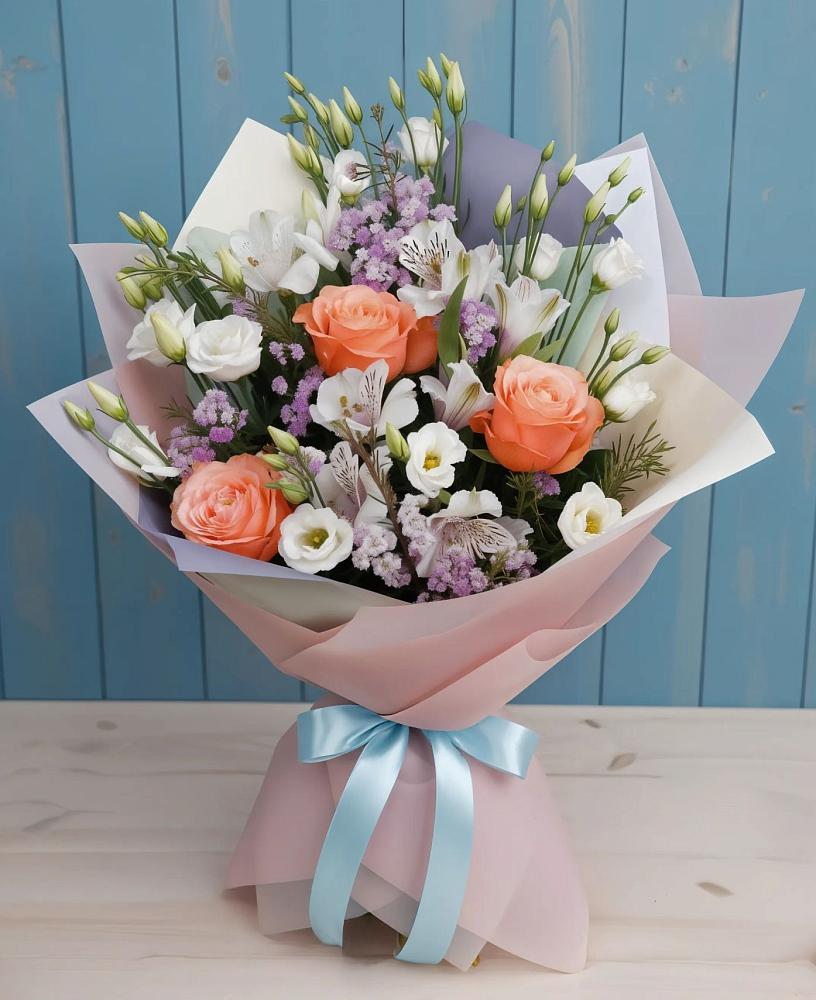 Букет цветов из: Лизиантусы, Розы, Альстромерии и Гипсофила в Вахонино
