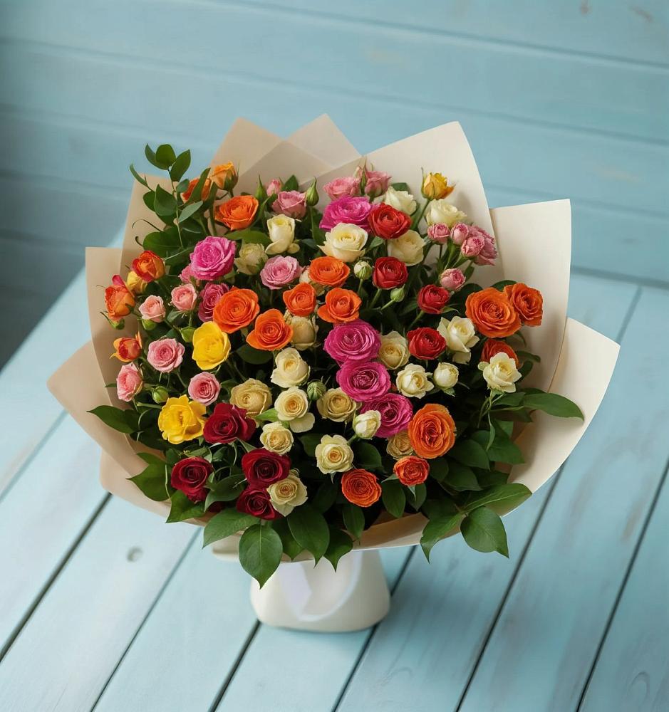 Букет Микс из разноцветных кустовых роз в Вахонино