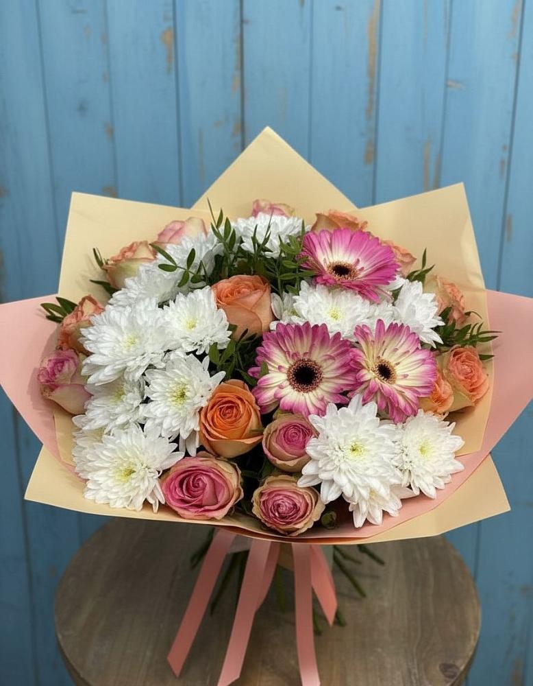 Букет цветов из: Розы, Герберы и Хризантемы в Вахонино